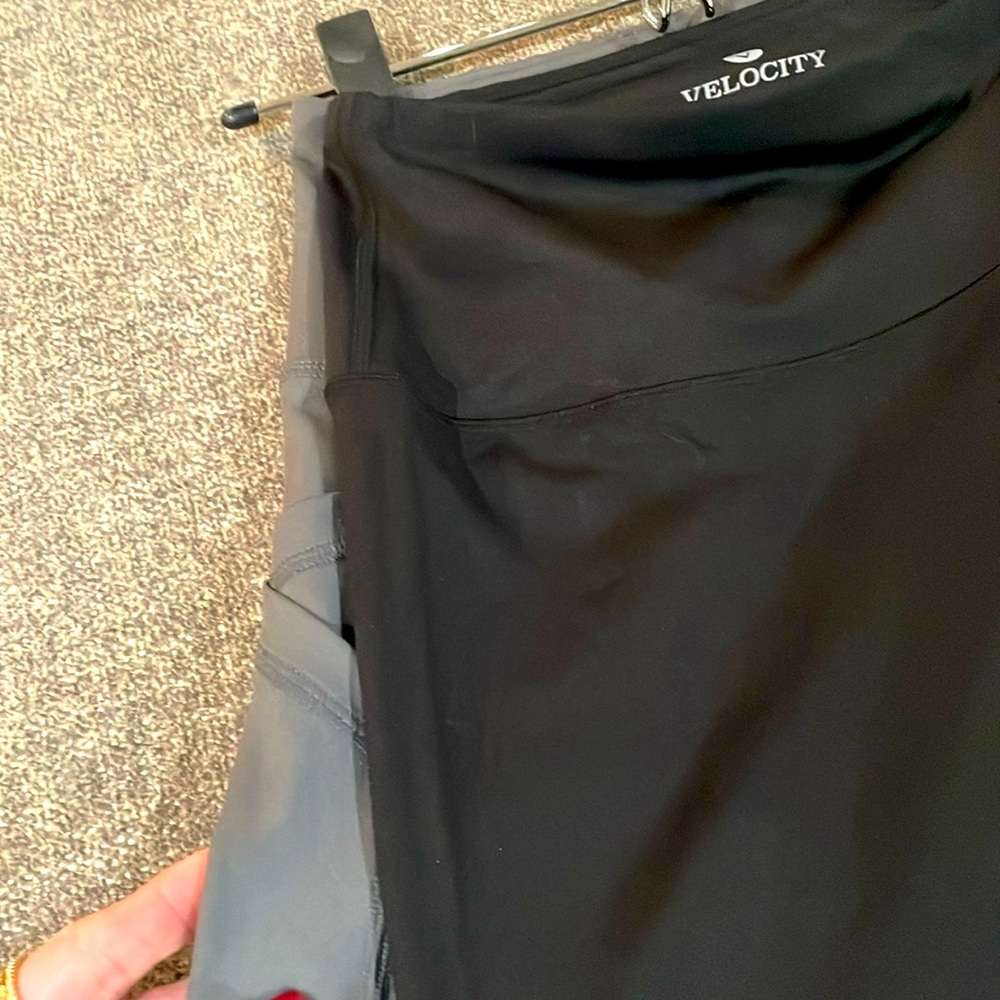 Satiny Velocity, Parker basic ankle and Parker side pocket ankle leggings.